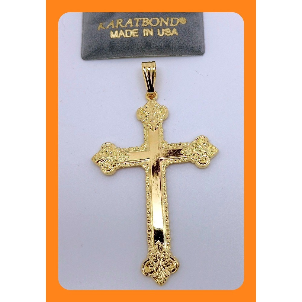 Karatbond Vintage Y2K Gold Ornate Fleur-de-lis Cross Pendant Made in USA NOS